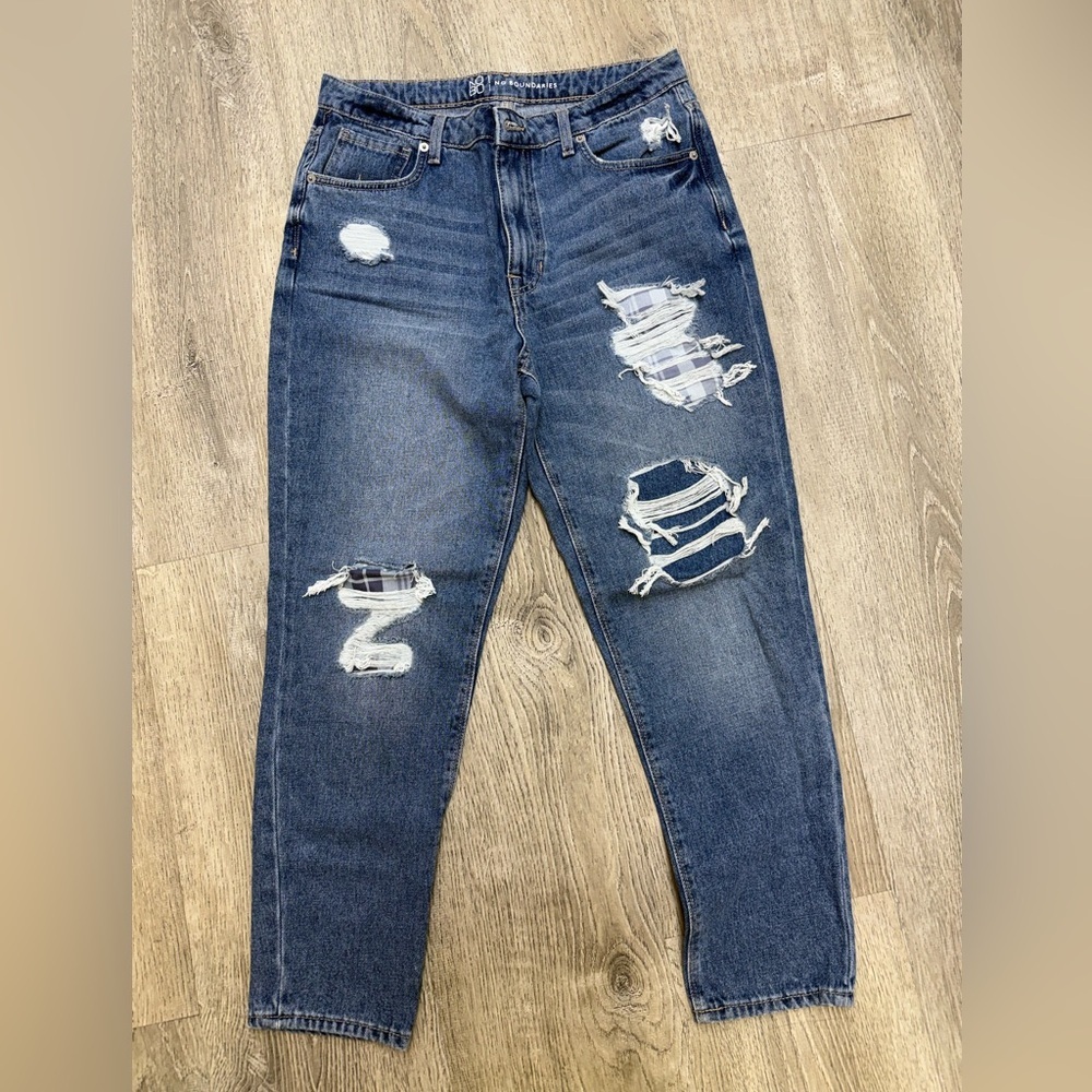 No Boundaries Dark Blue Distressed Boyfriend Jeans with Plaid Patch